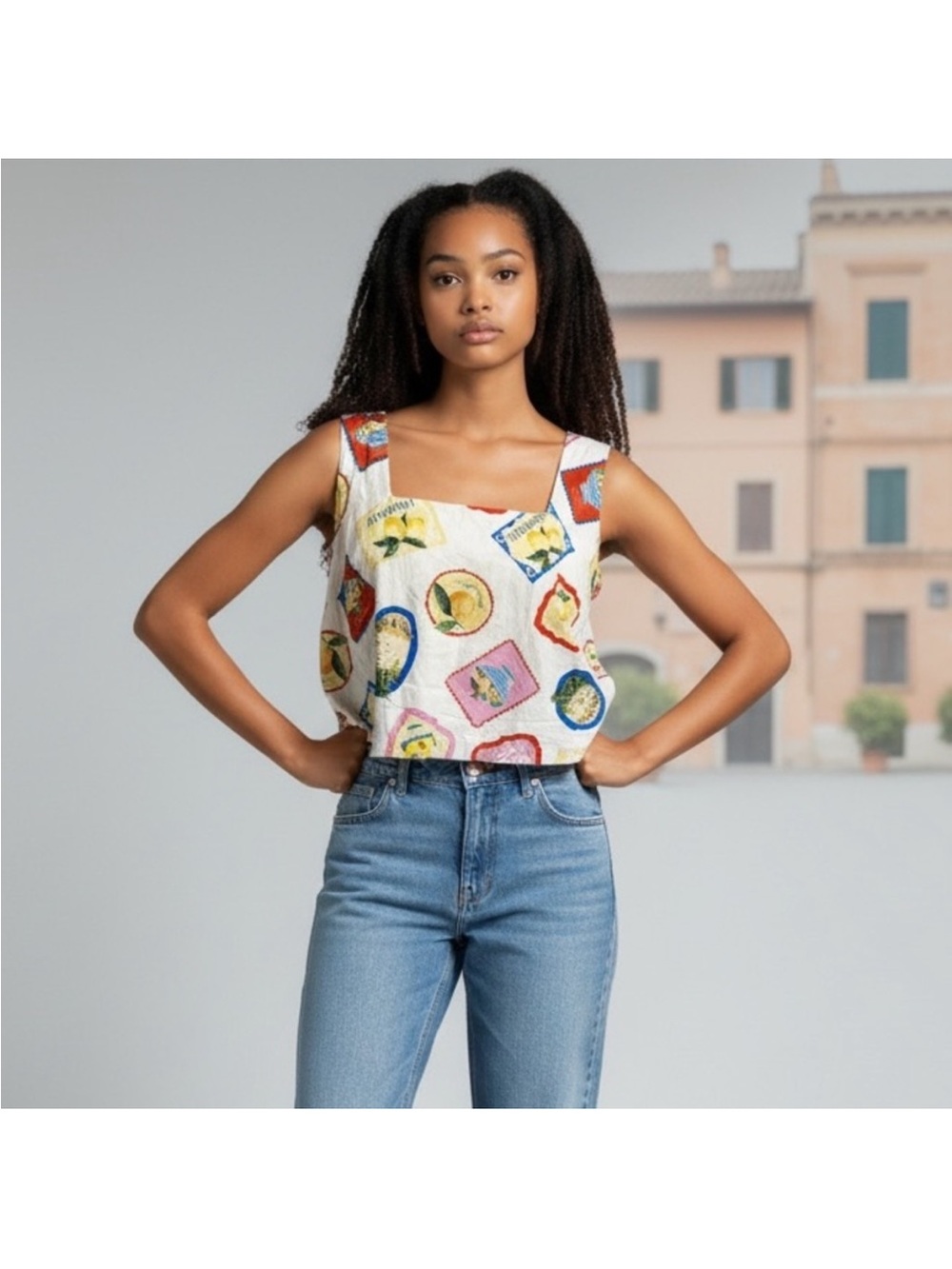 Joie Postcard Stamp Print Cropped Tank